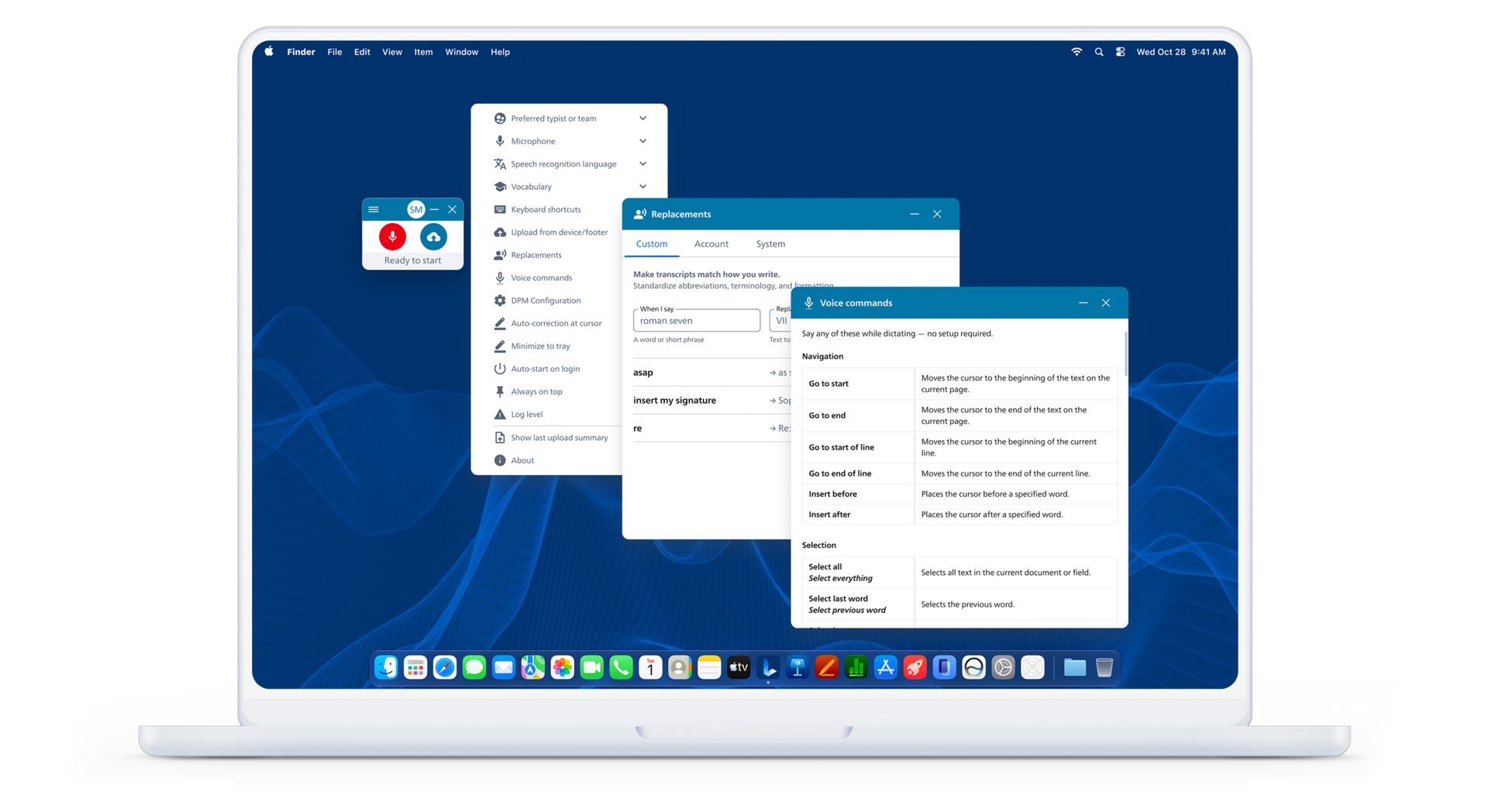 Philips SpeechLive Direct desktop interface showing microphone controls, vocabulary, replacements and voice-command menus on a laptop.