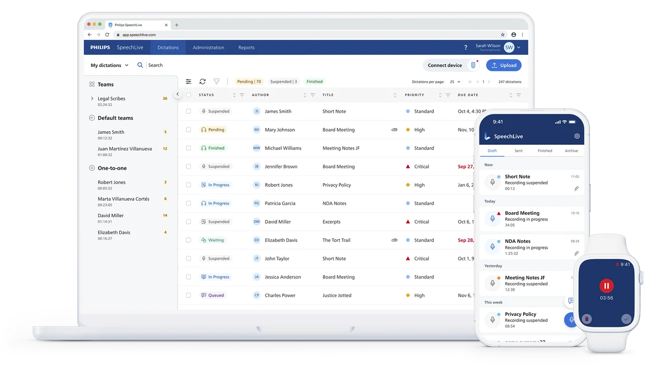 Philips SpeechLive worklist showing recordings and job status on a laptop, with mobile interfaces.